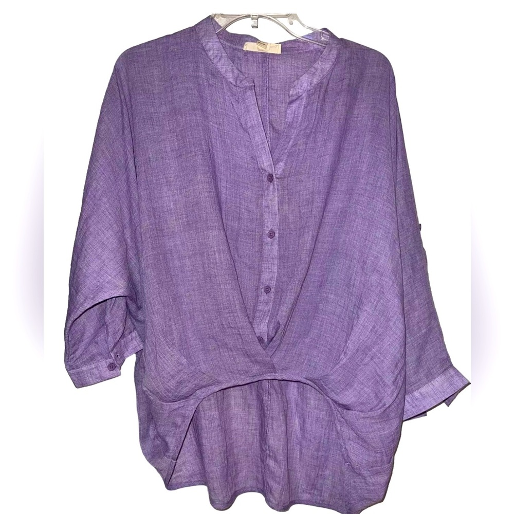 ONETHELAND Shirt Womens M Lavender Purple Sheer Roll Tab Sleeve Cotton Blend